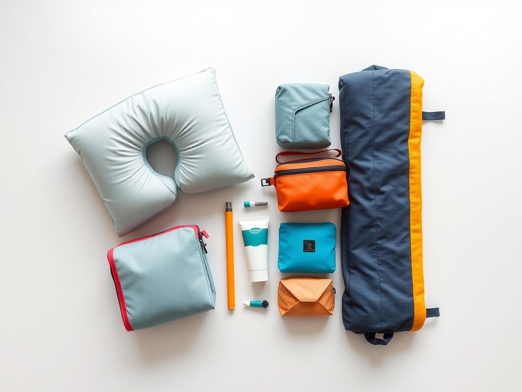 An organized travel essentials kit laid out on a clean surface. The kit includes a travel pillow, toiletry bag, and blanket, arranged neatly. The items showcase vibrant colors and practical designs, with a focus on functionality. The background is simple to emphasize the kit's contents.