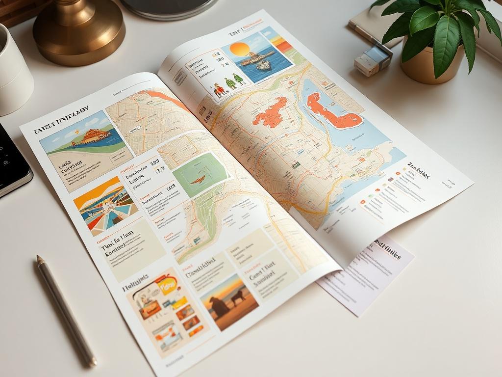 A beautifully designed travel itinerary spread out on a desk. The itinerary features colorful maps, suggested activities, and local highlights, with a warm, inviting aesthetic. The background is minimalistic to keep the focus on the itinerary's details.