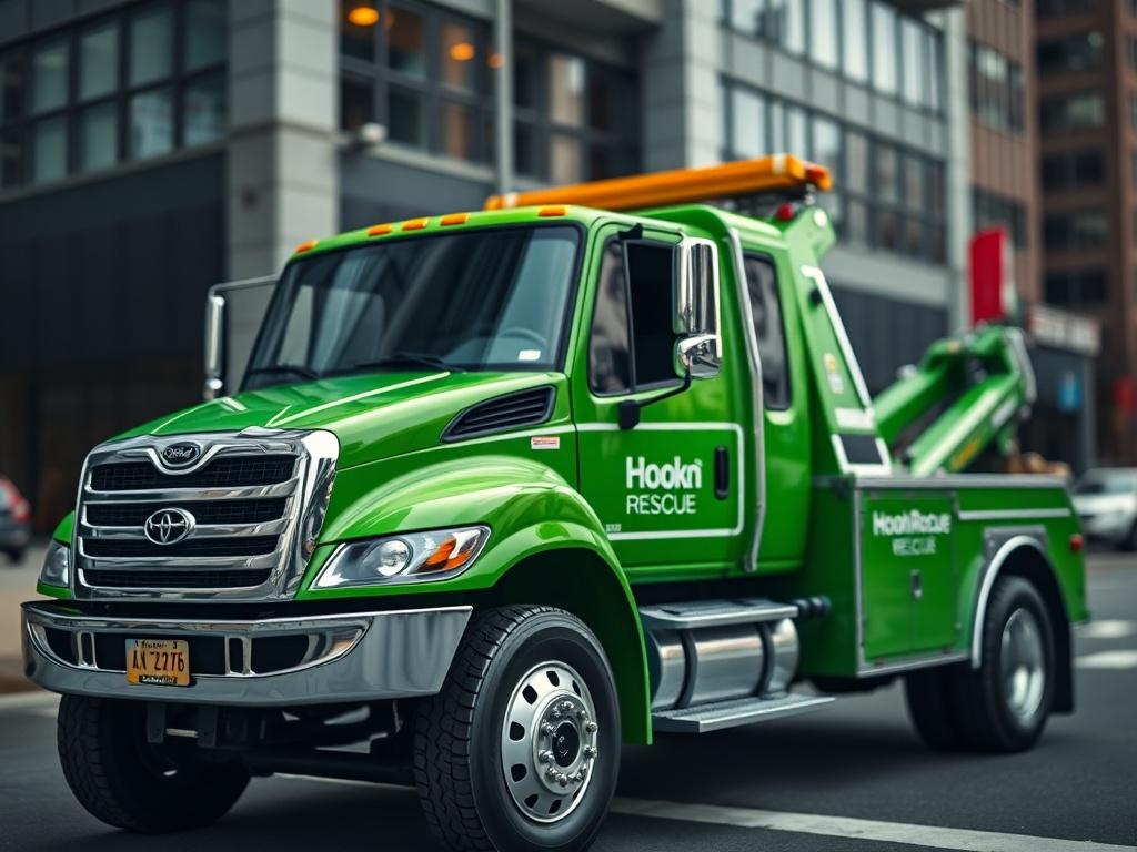 A close up shot of a shiny, modern tow truck
