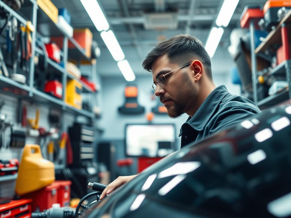 A realistic high-resolution photo of a modern automotive repair shop, showcasing a clean and organized interior with various tools and equipment. The focus should be on a mechanic working on a car, with bright lighting highlighting the professionalism of the shop. The background should feature shelves filled with automotive parts and tools, creating a sense of reliability and expertise. The image should be vibrant, utilizing the primary color rgb(50, 170, 39) in subtle accents throughout the shop.