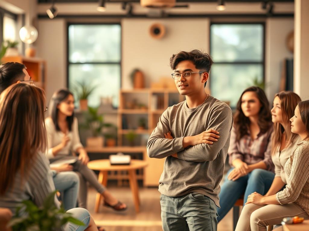 A young entrepreneur standing confidently in a vibrant community space,