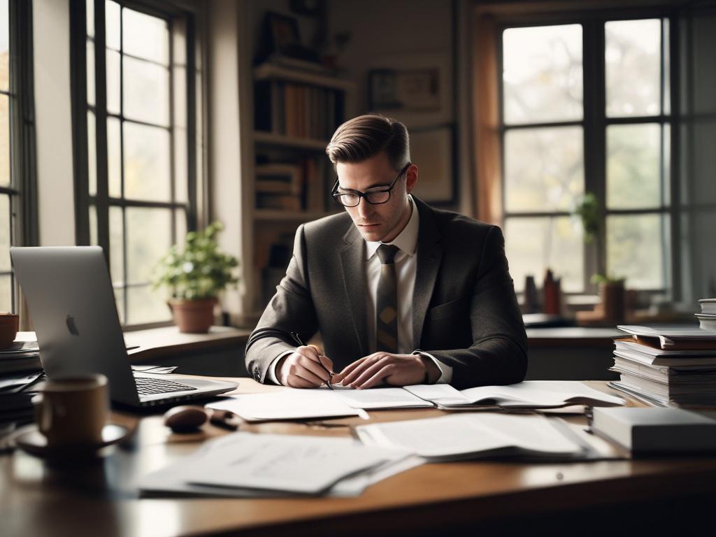 An accountant working diligently at a desk filled with financial