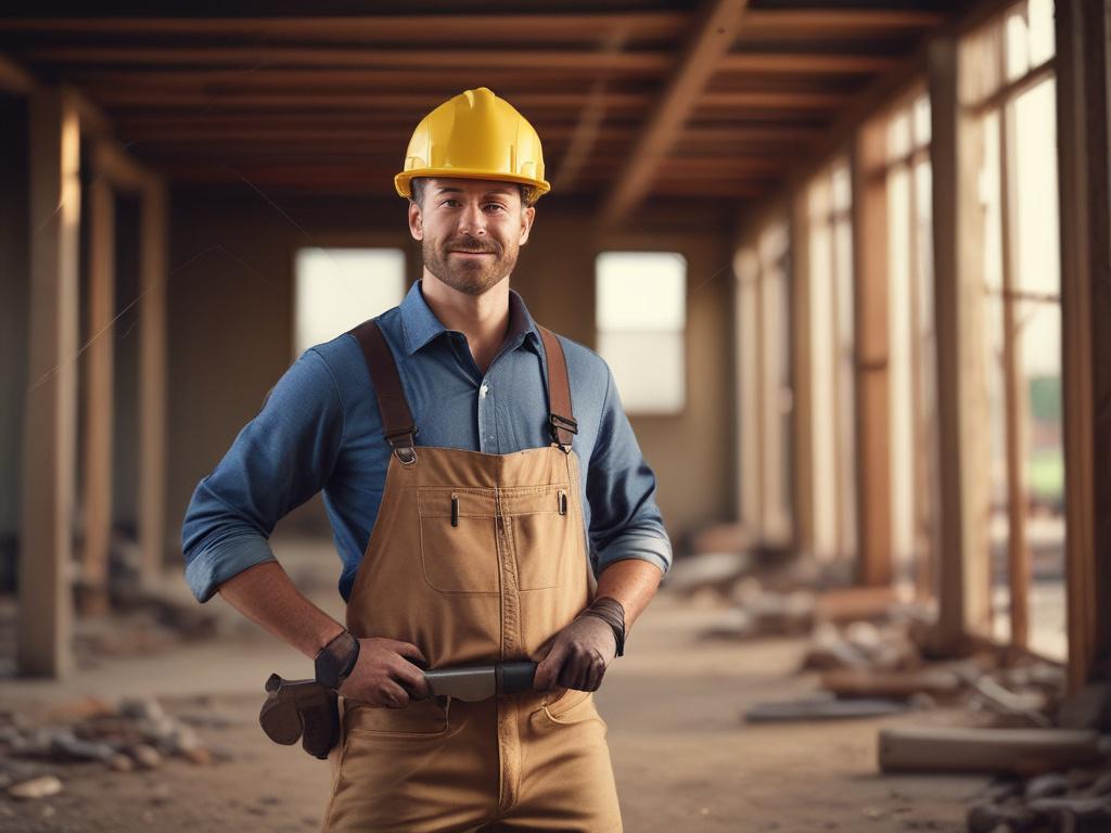A professional builder in a construction site, wearing a safety