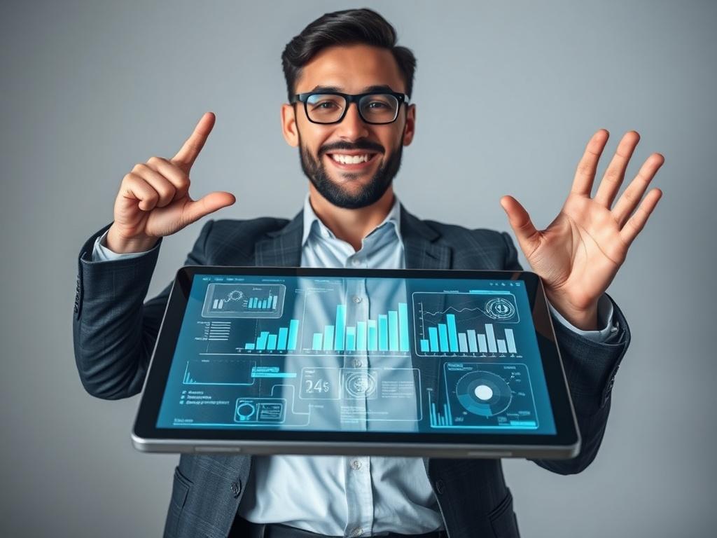 **AI Image Generation Prompt:**

Create a high-resolution, hyper-realistic close-up photograph that captures the essence of embracing innovation in business and life under the title "Embrace the Future with Innovative Solutions." 

**Composition:** 

Frame a single, focused subject—a confident business professional (male or female) in professional attire, holding a sleek, futuristic tablet displaying a dynamic, glowing interface full of graphs and digital tools. The subject should be centered in the image, 