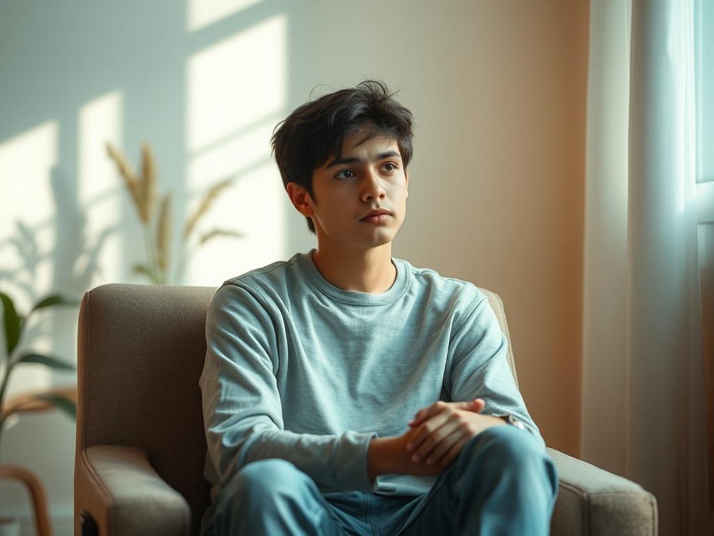 Create a realistic high-resolution photo that captures the essence of the blog titled "Understanding Anxiety Disorders." The image should focus on a close-up shot of a solitary figure sitting in a peaceful yet contemplative environment. The subject, a young adult with a thoughtful expression, is sitting on a comfortable chair with their hands resting on their knees, suggesting a moment of reflection. Their attire should be casual, and their hair should be styled naturally, conveying an approachable and rela