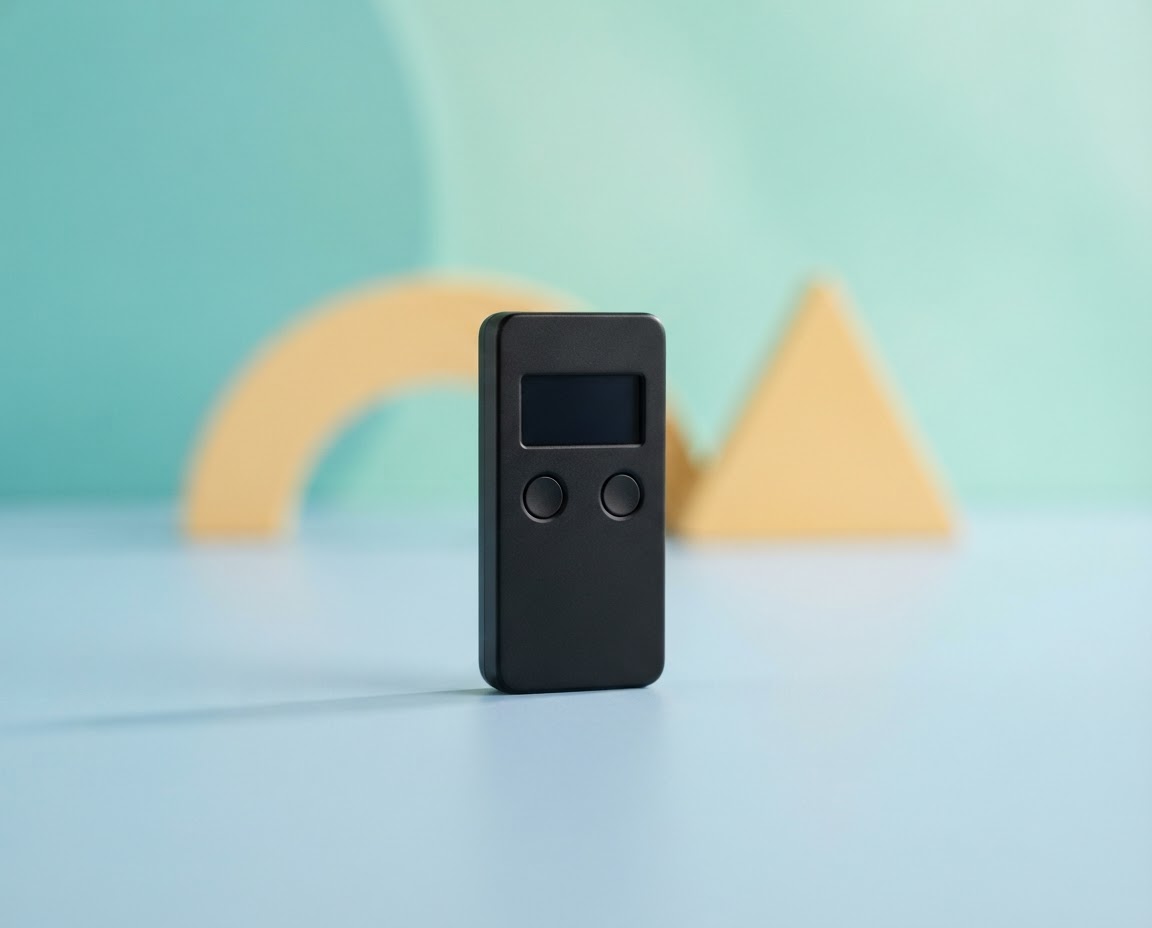 Black hardware wallet standing upright on a soft blue and mint studio surface