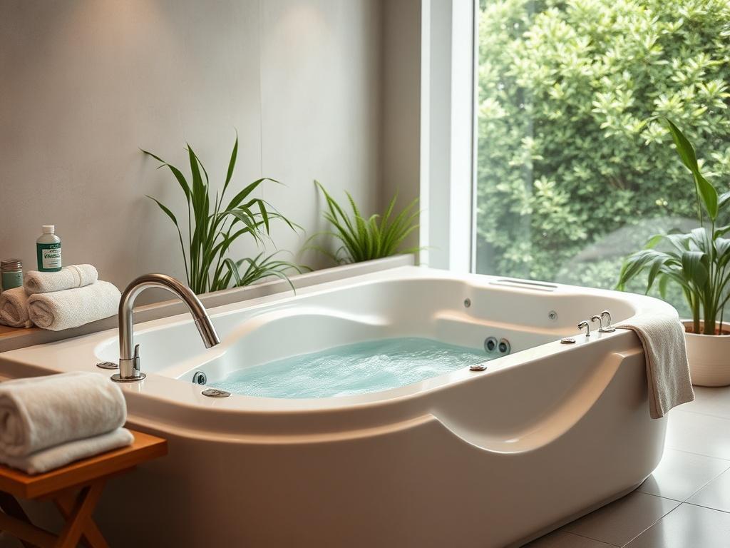 A serene spa bath designed specifically for seniors, featuring gentle water jets and comfortable seating. The setting is calm and inviting, with soft lighting and neutral tones to create a soothing atmosphere. The background includes lush greenery and soft towels, emphasizing relaxation and comfort. The focus is on the spa bath itself, showcasing its ergonomic design and accessibility features. Shot in a close-up, hyper-realistic style with a 45mm f/1.2 lens.