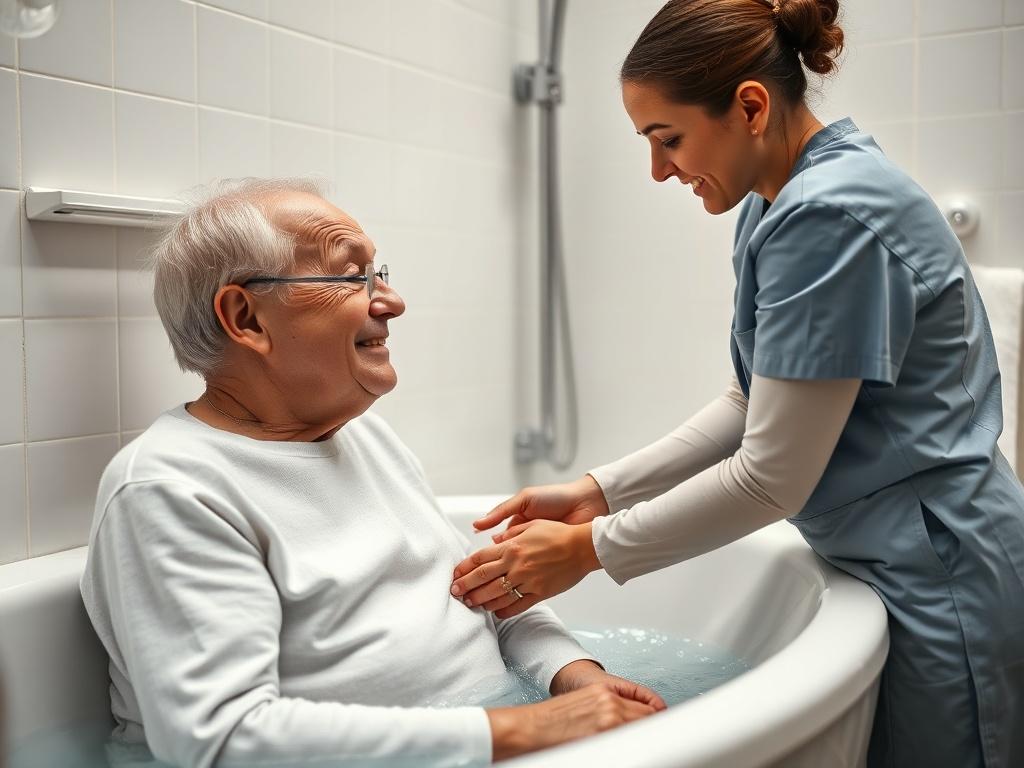 An elderly individual receiving personalized bathing assistance in a well-designed geriatric lounge bath. The scene should feature a compassionate caregiver providing support, with a focus on safety and comfort. The bath area is equipped with supportive features and calming colors, creating a soothing environment. The composition should emphasize the interaction between the caregiver and the elderly client, showcasing a respectful and caring experience.