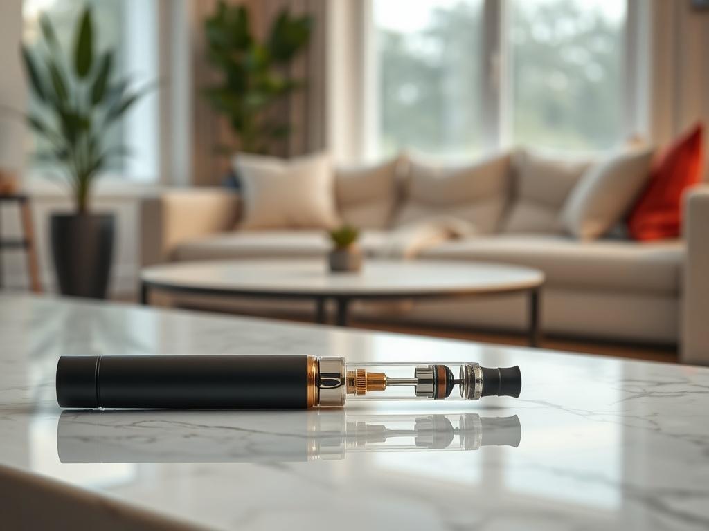 A stylish CBD vape pen lying on a marble surface,