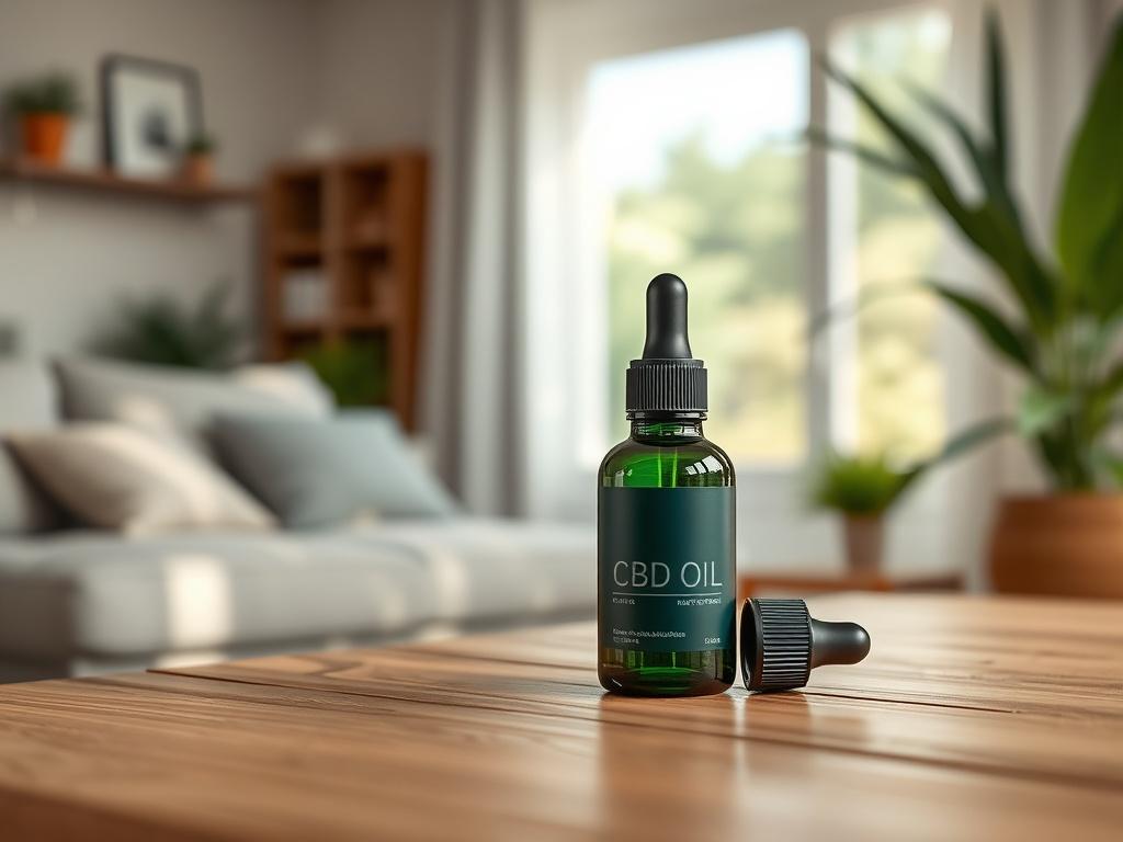 A sleek bottle of CBD oil with a dropper, placed