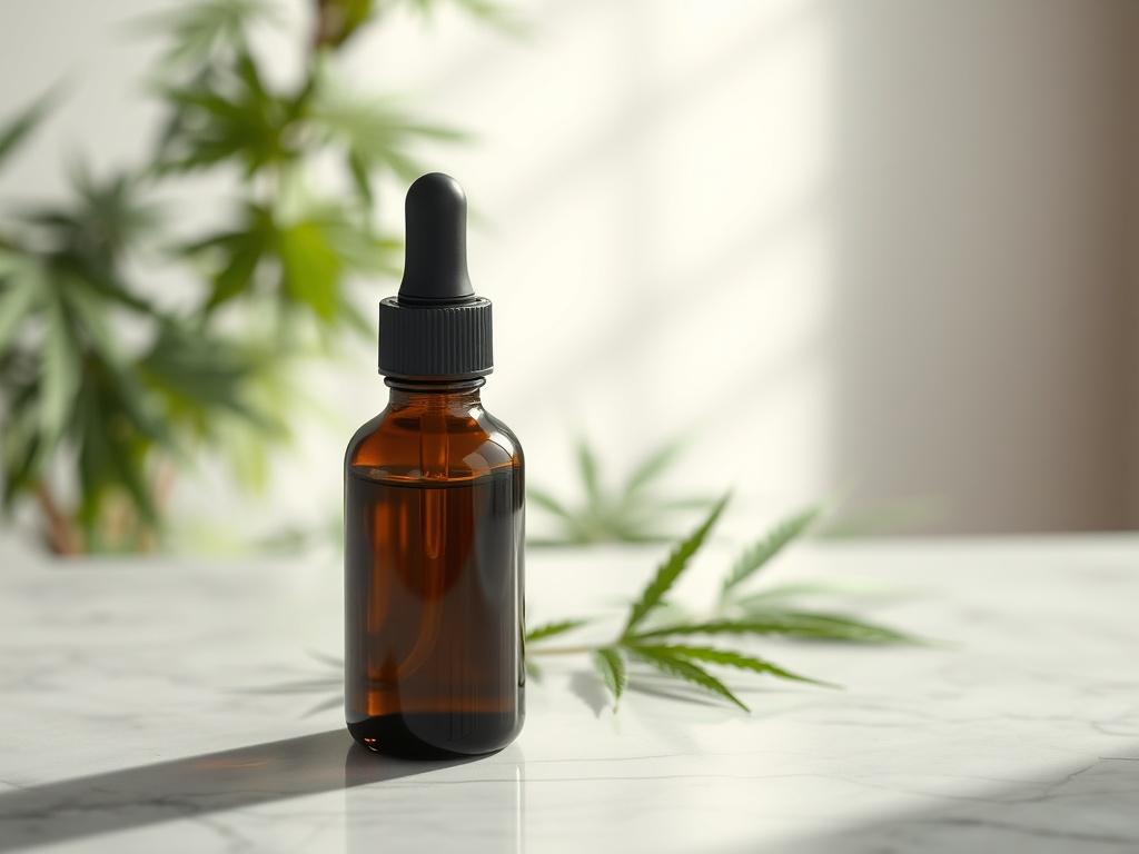 Create a realistic high-resolution photo that captures the essence of wellness through the use of CBD oil. The main subject should be a bottle of premium CBD oil, elegantly displayed on a smooth, marble surface to highlight its quality. The bottle should be dark glass with a dropper cap, reflecting light subtly, and positioned in the center of the composition for visual balance.

In the background, softly blurred greenery such as a thriving cannabis plant can be seen, symbolizing the natural origins of CBD.