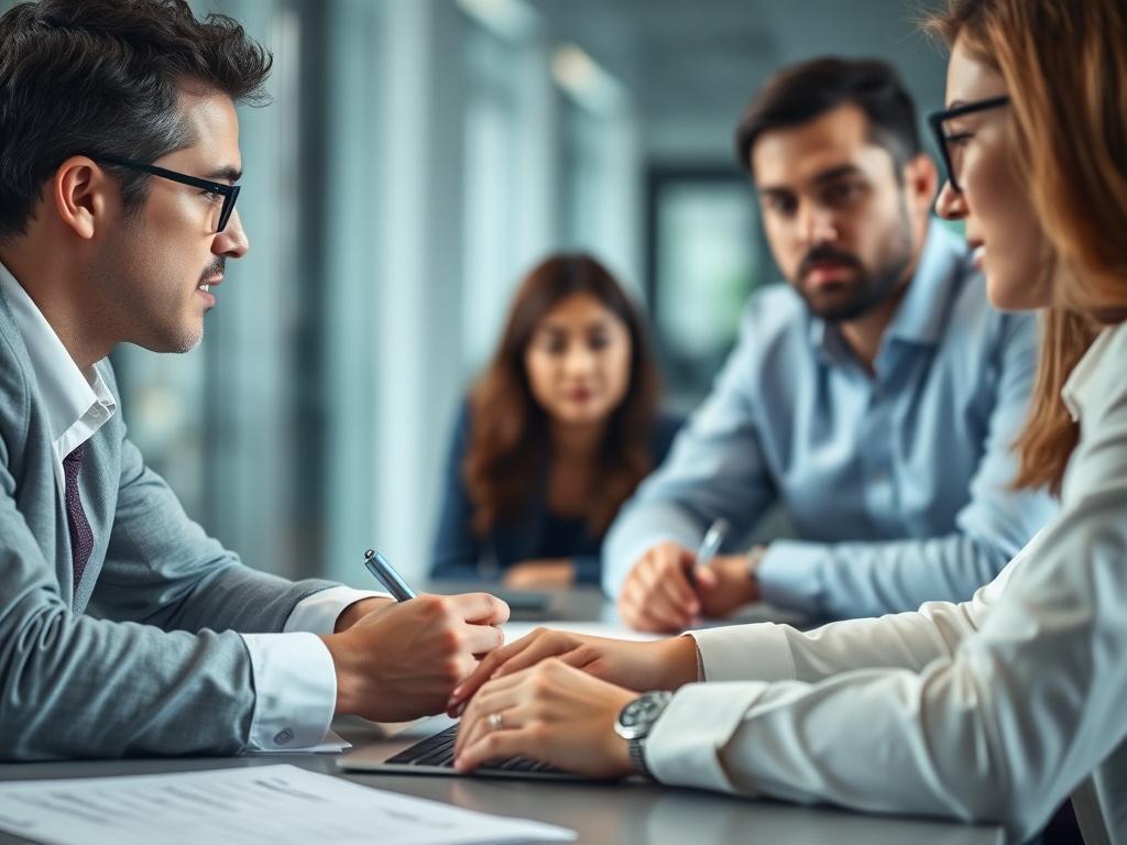 A close-up shot of a consultant discussing a strategy with a client at a conference table, surrounded by documents and a laptop. The focus should be on the engaged expressions of both individuals, conveying a sense of collaboration and problem-solving. The background should be softly blurred, highlighting their interaction.