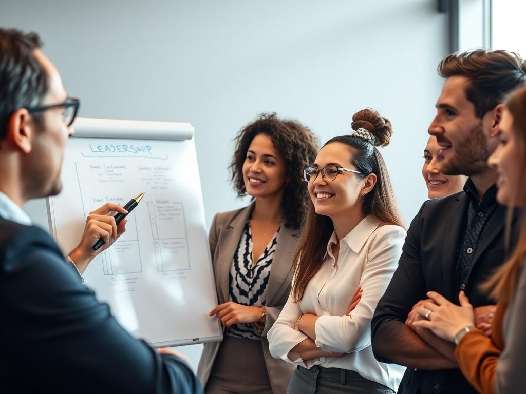 A close-up shot of a diverse group of professionals engaged in a leadership workshop, with one person presenting ideas on a flip chart. The focus should capture the energy and engagement of the participants, with expressions of interest and collaboration. The setting should reflect a modern training room with soft lighting.