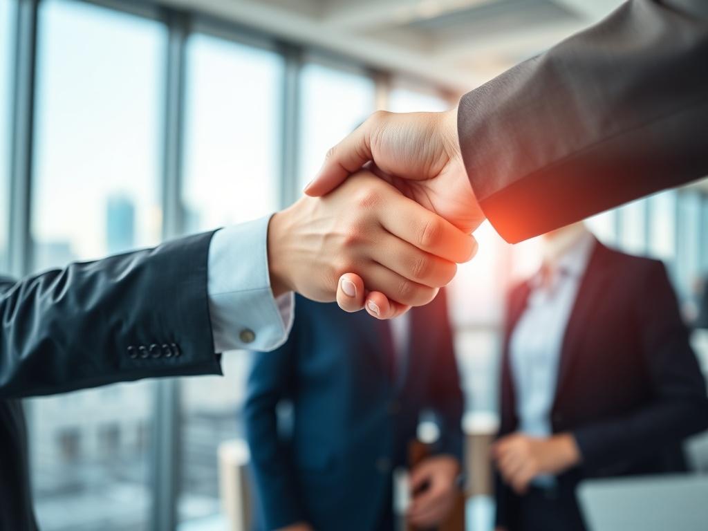 A hyper-realistic close-up shot of two business professionals shaking hands in a modern office setting, with a blurred city skyline in the background. The focus is on their hands, showcasing a sense of partnership and collaboration. The lighting is bright and inviting, conveying a sense of professionalism and trust.