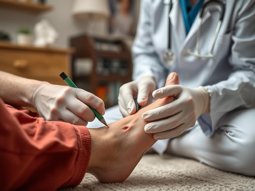 A clinician examining a wound on a patient's foot, demonstrating