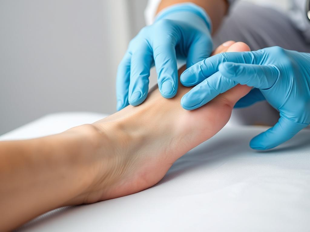 A close up of a diabetic patient's foot being examined