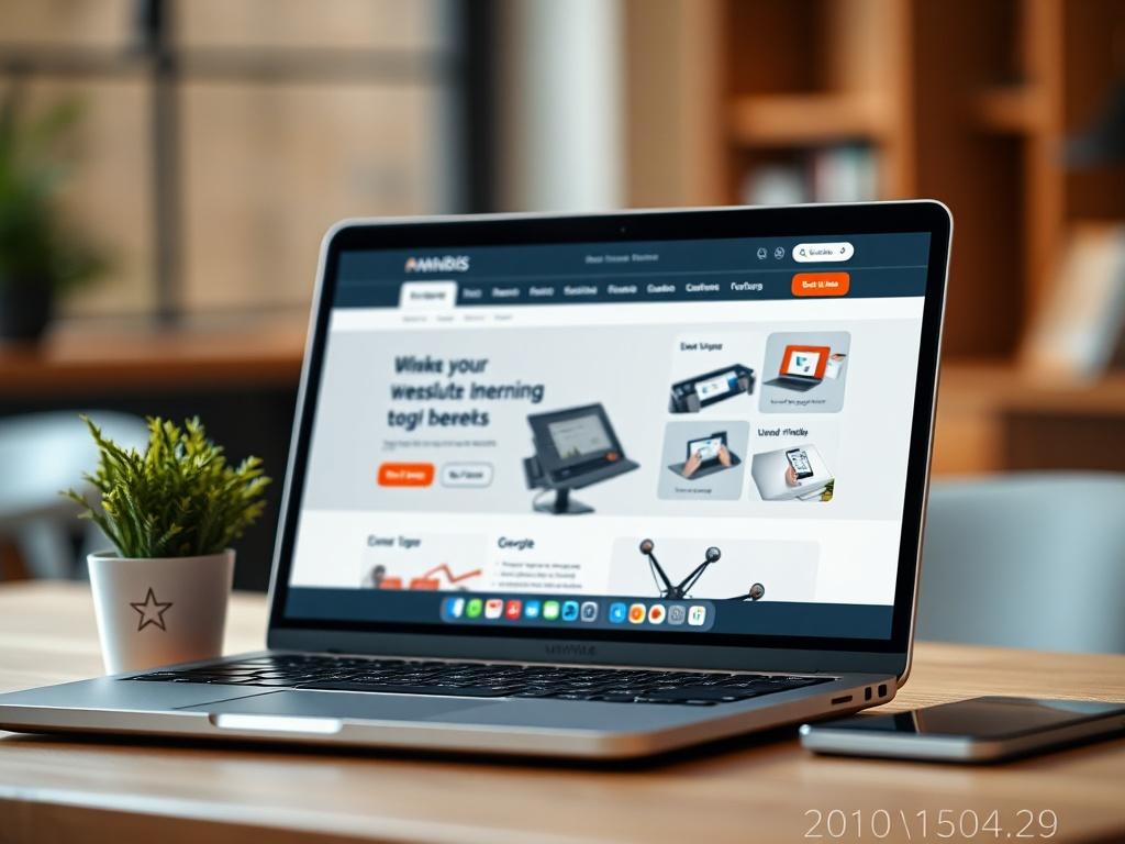 A hyper-realistic close-up shot of a modern laptop displaying a beautifully designed website interface on the screen. The laptop is placed on a wooden desk with a small potted plant beside it. The background is softly blurred, focusing on the laptop, emphasizing the sleek design and user-friendly features of the website. The lighting is warm and inviting, creating a professional yet creative atmosphere. The image should reflect a primary color of rgb(50, 170, 39) in the design elements.