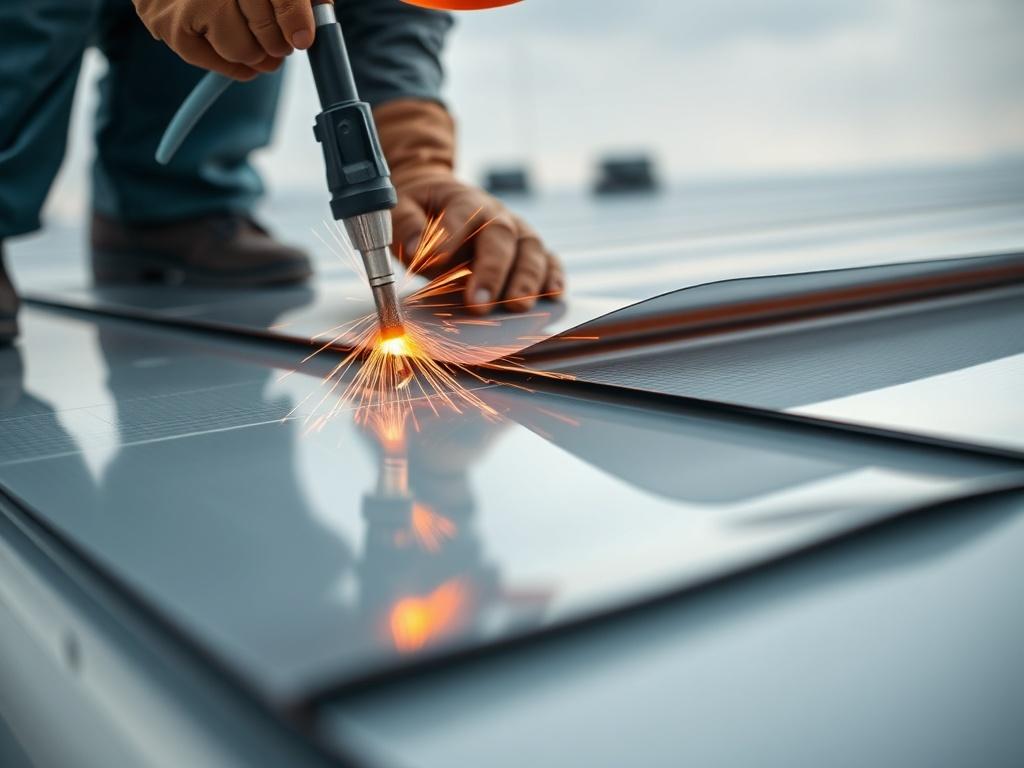 A close-up shot of a Single Ply Membrane System installation, showcasing the premium polyvinyl chloride (PVC) and thermoplastic polyolefin (TPO) membranes being heat welded together. The scene should capture the texture and detail of the membrane, highlighting its reflectivity and durability. The background should be neutral, allowing the focus to be on the membrane's surface and installation process, with a soft lighting that enhances the colors and materials. The image should convey a sense of quality and