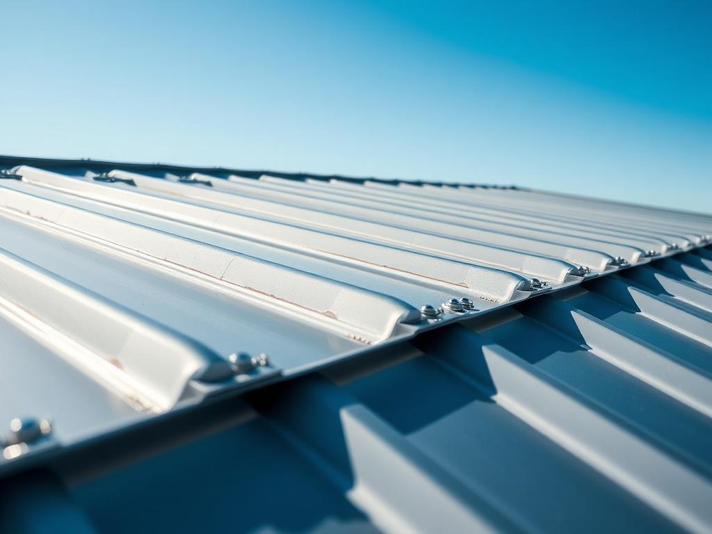 A close-up shot of a metal roof showcasing the MR System waterproofing application. The image should highlight the shiny, attractive finish coat of the metal roof, emphasizing the fabric reinforcement on the seams and the premium caulking around exposed fasteners. The background should be clean and simple, focusing solely on the roof surface, with a clear blue sky above to signify durability and protection.