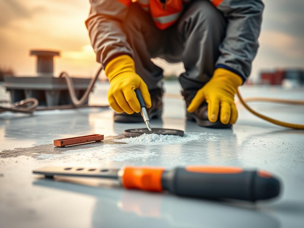 A close up shot of a technician applying a roof