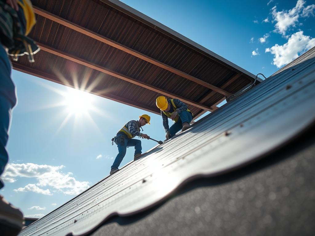 A close up shot of a commercial roofing installation in