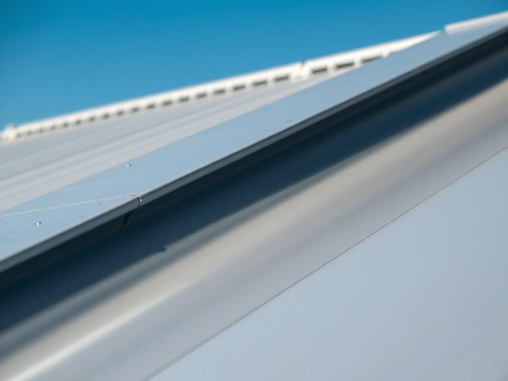 A realistic high-resolution close-up shot of a freshly applied membrane coating on a rooftop. The image should focus on the shiny, smooth texture of the elastomeric coating, highlighting its waterproof properties. The background should be a clear blue sky, emphasizing the outdoor setting, with no other objects or distractions in the frame. The composition should showcase the coating's vibrant color against the roof material, captured using a 45mm f/1.2 lens to create a soft blur effect.