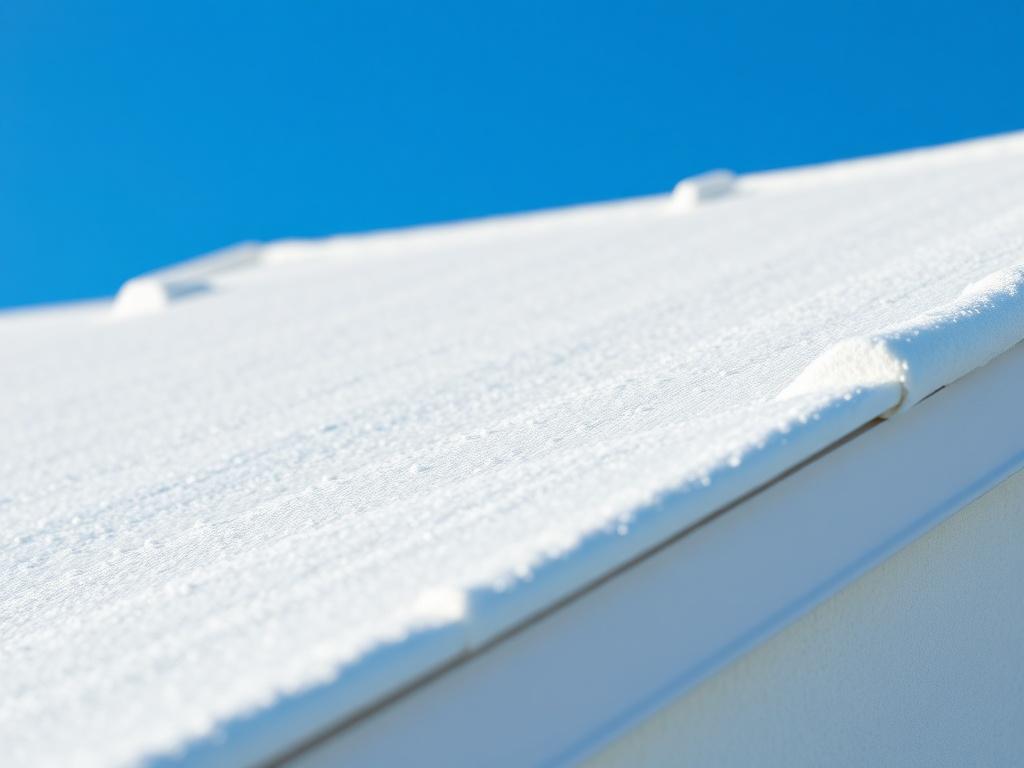 A close-up shot of a spray polyurethane foam application on a roof, showcasing the white, reflective surface of the foam. The background should be clear blue sky, emphasizing the bright and cool appearance of the SPF. The image should capture the texture and seamless nature of the foam, highlighting its insulation properties. Shot with a 45mm f/1.2 lens for a hyper-realistic effect.