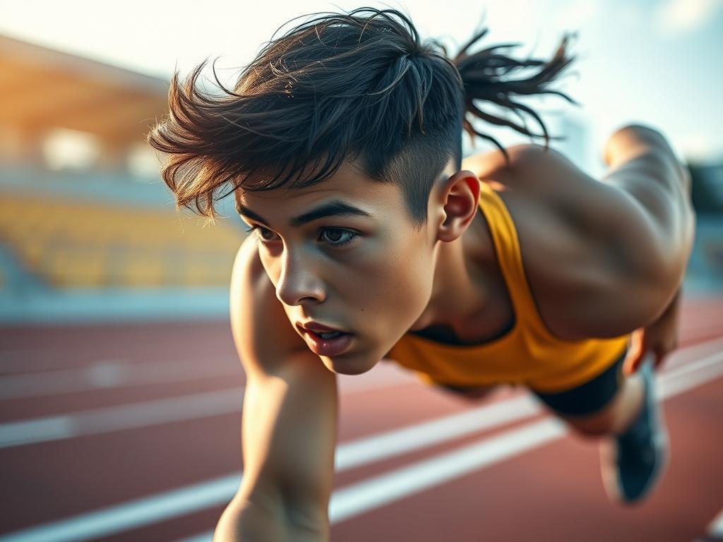 A close up shot of a teenage athlete performing a