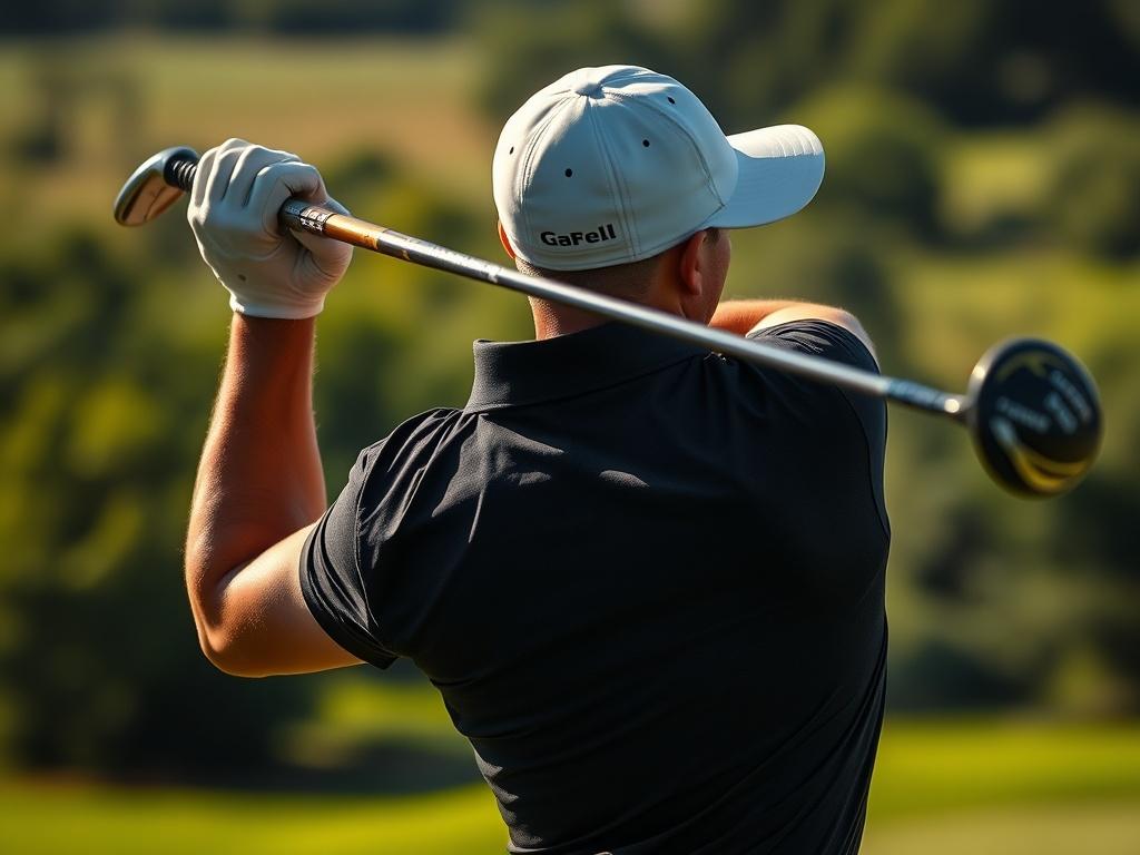 A close up shot of a golfer in mid swing,