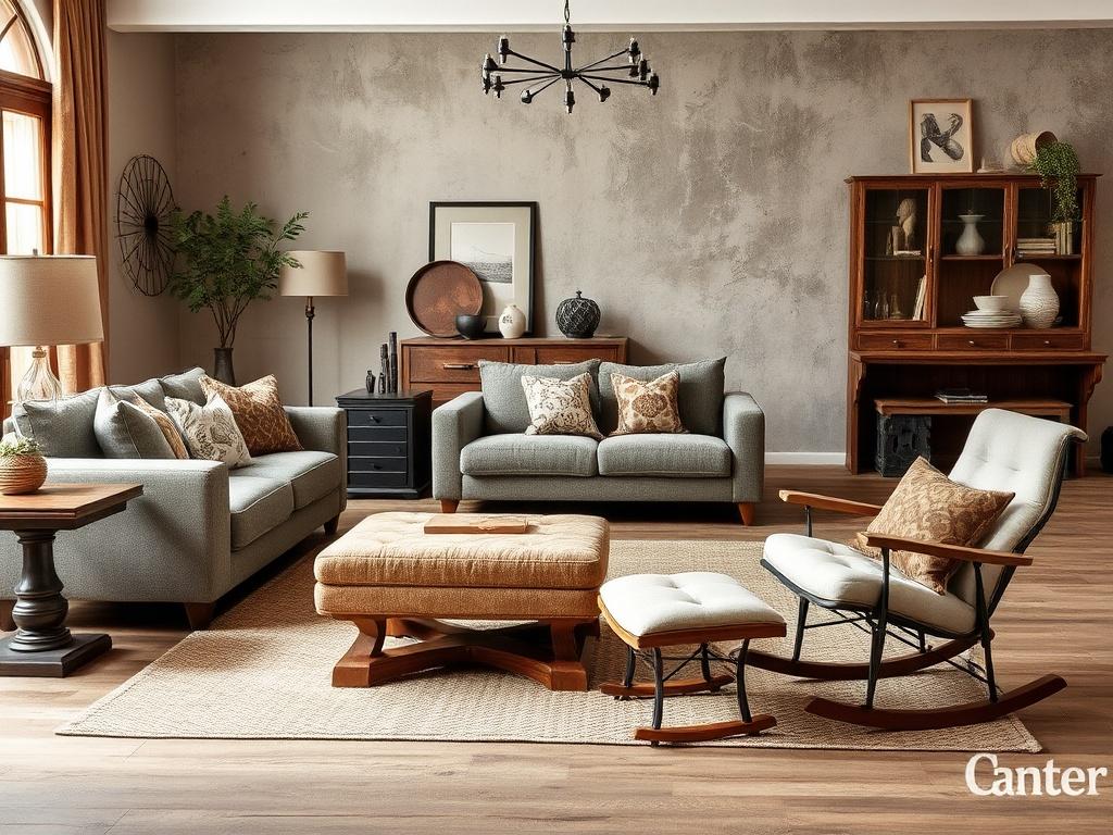 A beautifully arranged living room featuring a selection of imported furniture, including a modern sofa set, elegant dining table, and stylish rocking chair with footstool. The room is adorned with earthy textures and natural tones, creating a rustic yet sophisticated aesthetic. Soft lighting enhances the quality craftsmanship of the furniture, inviting warmth and comfort into the space.