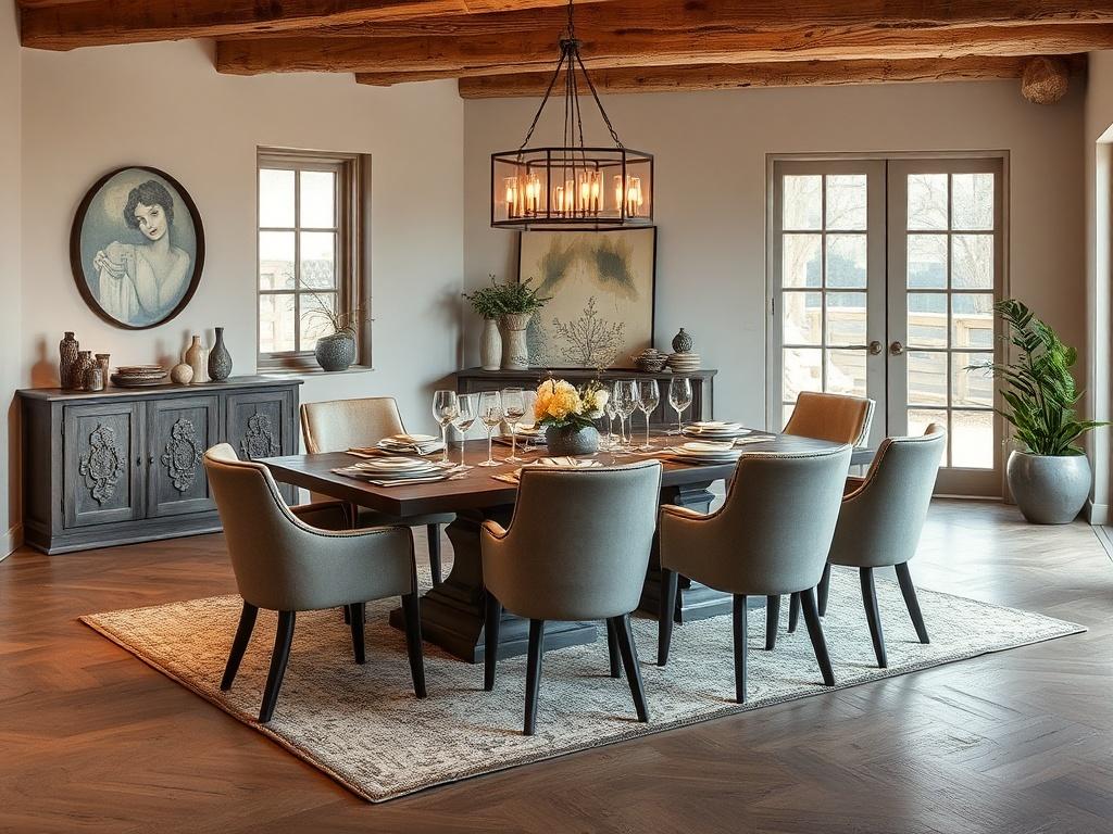 An elegant dining room featuring a stylish dining set with a spacious table and matching chairs. The table is beautifully set with fine dinnerware and ambient lighting creates a warm atmosphere. The decor enhances the overall aesthetic, showcasing a blend of modern and rustic elements.