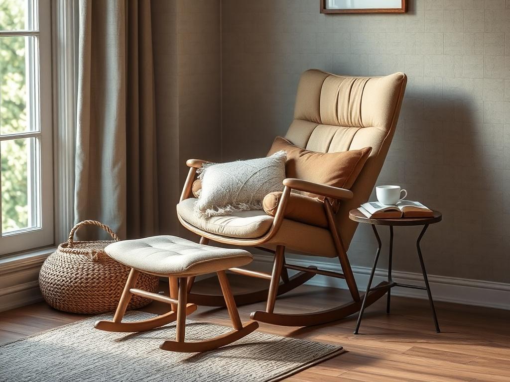 A cozy corner featuring a stylish rocking chair with plush cushioning and an accompanying footstool. The chair is positioned near a window with soft, natural light illuminating the space. A small side table holds a book and a cup of tea, creating a serene and inviting atmosphere.