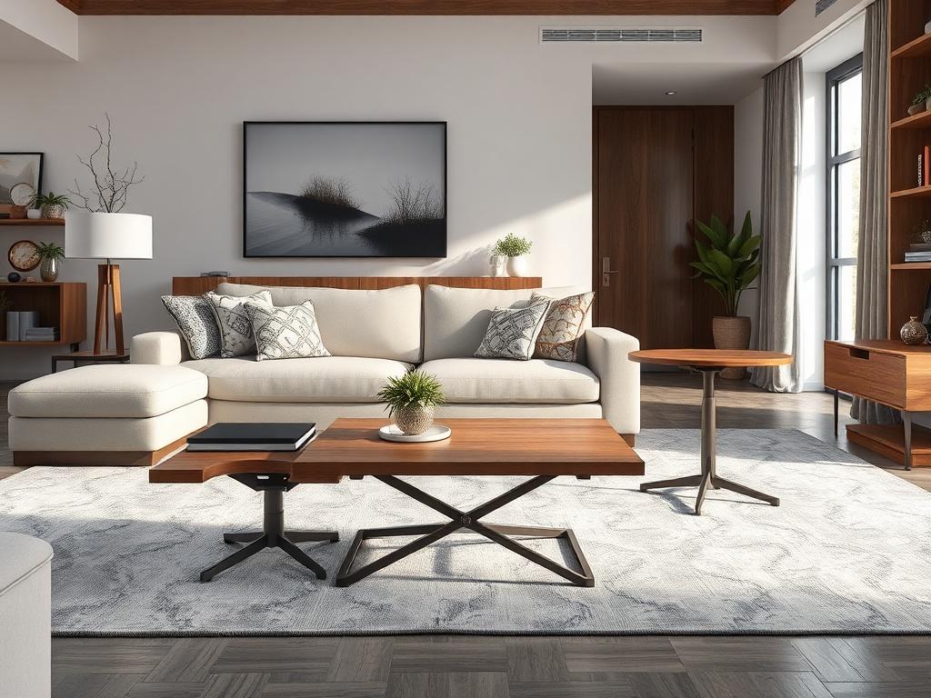 A modern living room featuring an adjustable coffee table with a sleek design. The table is shown in multiple heights, showcasing its versatility. The surrounding decor is stylish and contemporary, with soft lighting that creates a warm and inviting atmosphere.