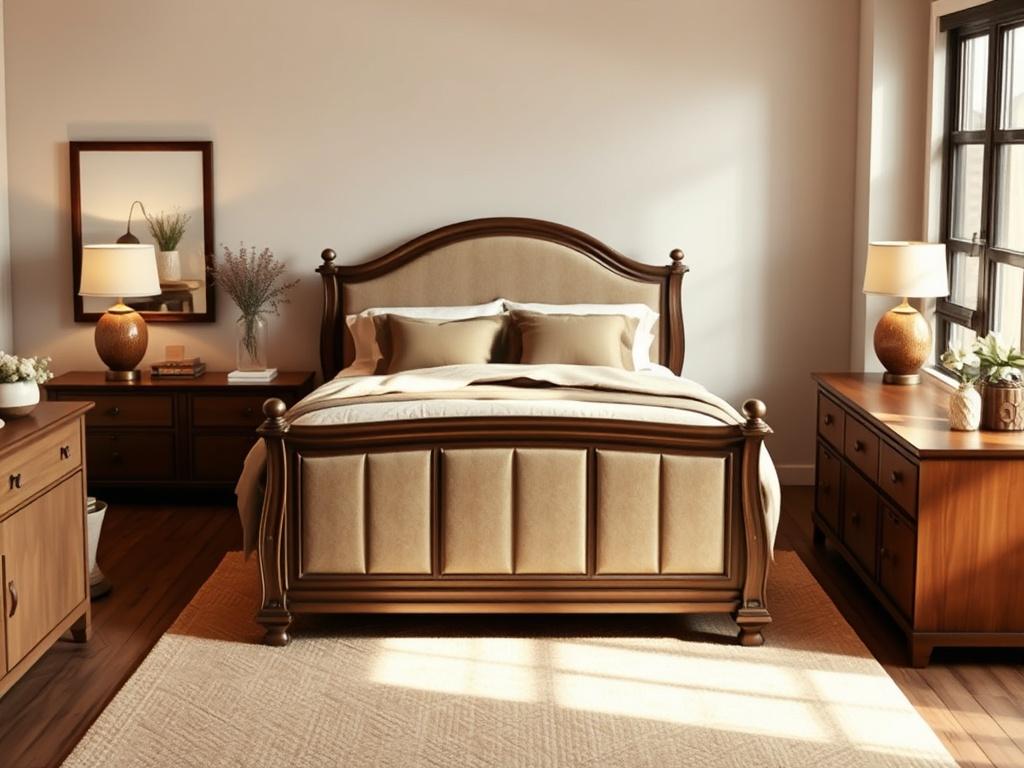 A beautifully arranged bedroom featuring an elegant bed frame with plush bedding, stylish nightstands with modern lamps on each side, and a spacious dresser. The room is softly lit, showcasing warm, earthy tones and natural textures. A simple yet elegant decor style complements the furniture, creating a serene and inviting atmosphere.