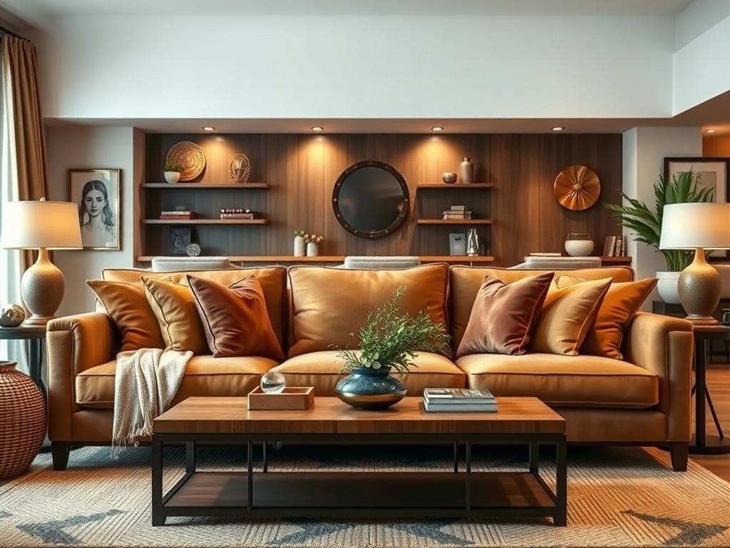 A modern living room showcasing a luxurious sofa set with plush cushions in a rich color. The sofa is elegantly arranged with decorative pillows, and a stylish coffee table sits in front. The backdrop features warm, inviting lighting and tasteful decor that enhances the overall ambiance of the room.