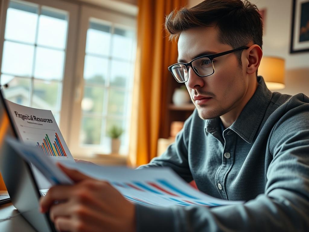 A close-up shot of a person studying financial documents and resources, surrounded by a warm and inviting home office setting. The image captures a focused expression, with a laptop open and colorful charts displayed. The background features soft natural light coming through a window, emphasizing a sense of empowerment and learning.