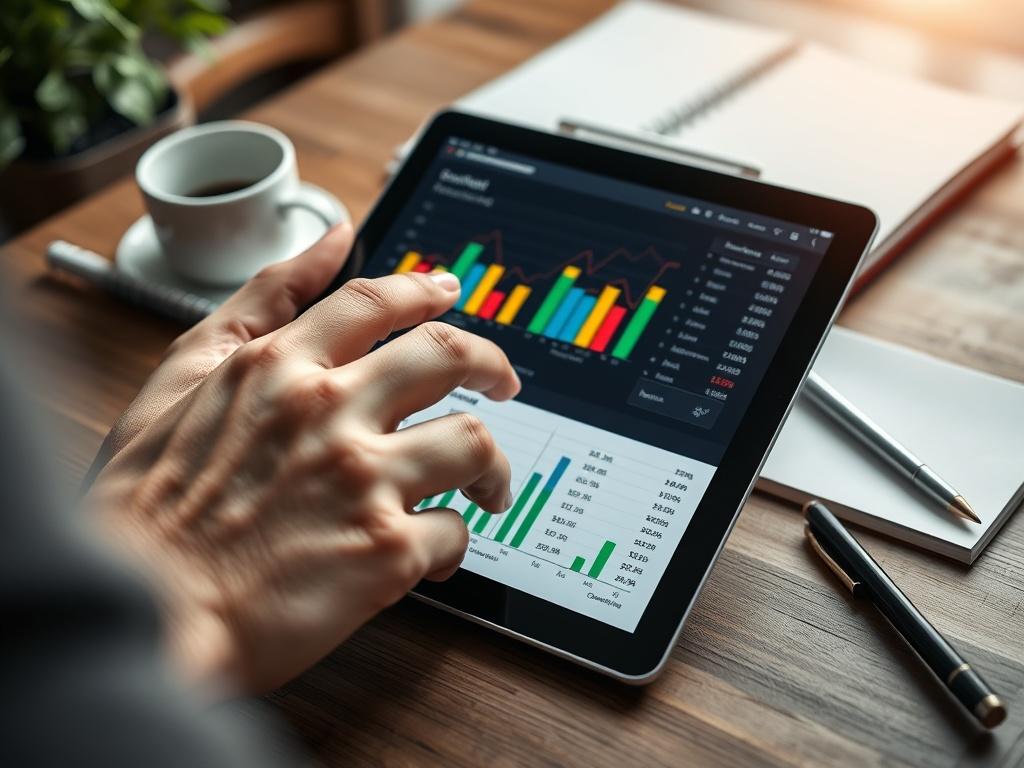 A close-up shot of a hand interacting with a digital budgeting tool on a tablet. The screen displays colorful graphs and financial data, while the background features a cozy workspace with a notepad and pen. The image conveys a sense of empowerment and modern technology enhancing financial management.