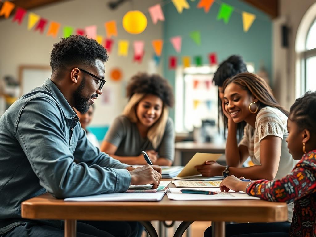 A vibrant close-up image capturing diverse individuals engaged in a community workshop. The atmosphere is lively and interactive, showcasing people sharing ideas around a table filled with educational materials. The background reflects a community center setting with colorful decorations and natural light, emphasizing unity and collaboration.