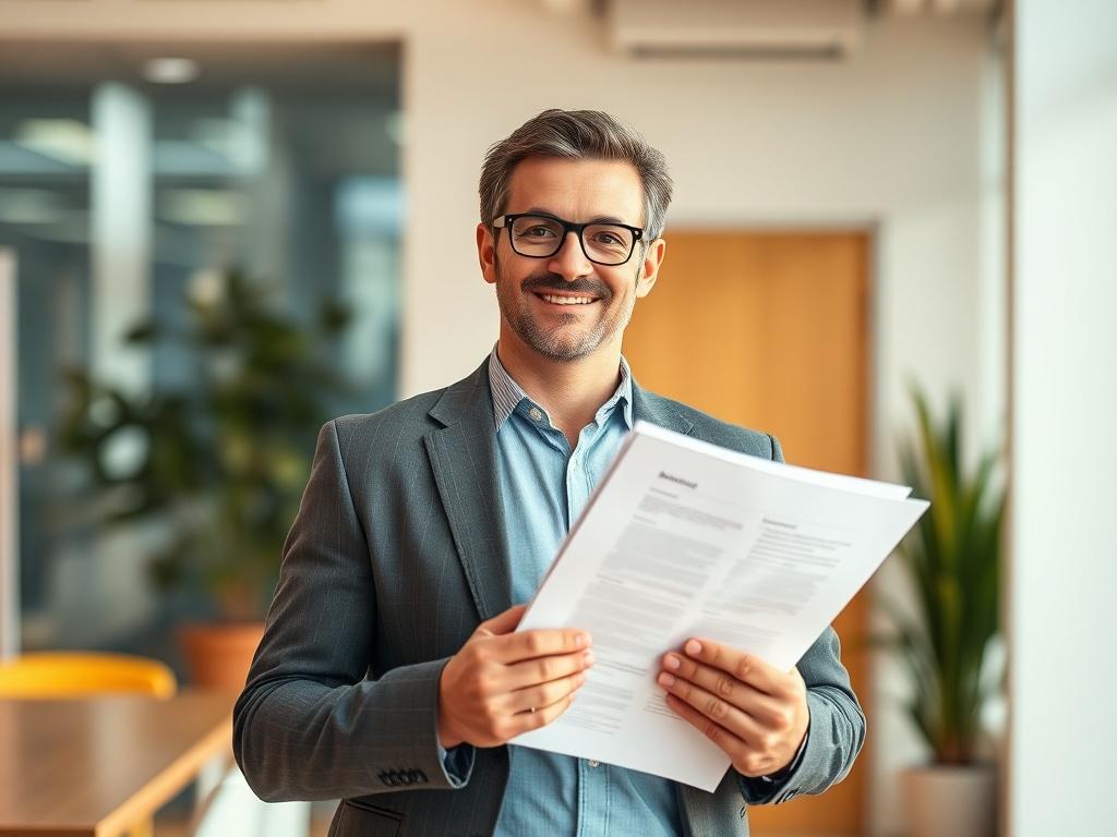 A realistic high-resolution photo of a confident individual holding financial documents, standing in a bright, modern office environment. The composition should focus on the individual in a close-up shot, showcasing their expression of determination and optimism. The background should be softly blurred to emphasize the subject, with warm lighting creating a welcoming atmosphere. The color palette should harmonize with rgb(122, 86, 4) to convey a sense of trust and professionalism.