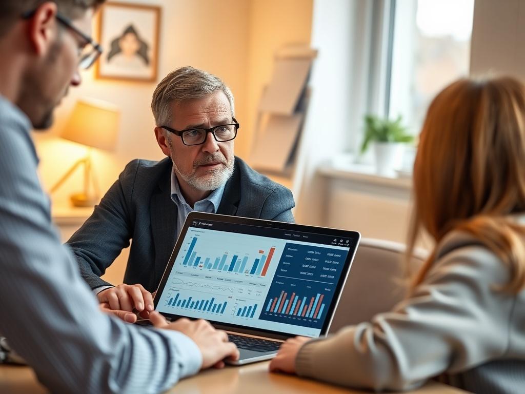A close-up shot of a financial advisor and a client discussing personal financial plans, with charts and graphs on a laptop screen between them. The setting should be a cozy office space with warm lighting, emphasizing a sense of trust and collaboration.