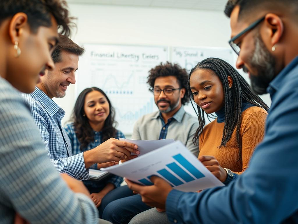 A close-up shot of a diverse group of people engaged in a financial literacy workshop, looking at charts and discussing financial strategies. The setting should be a well-lit room with a whiteboard in the background displaying financial concepts. The focus should be on the participants' expressions of interest and collaboration.