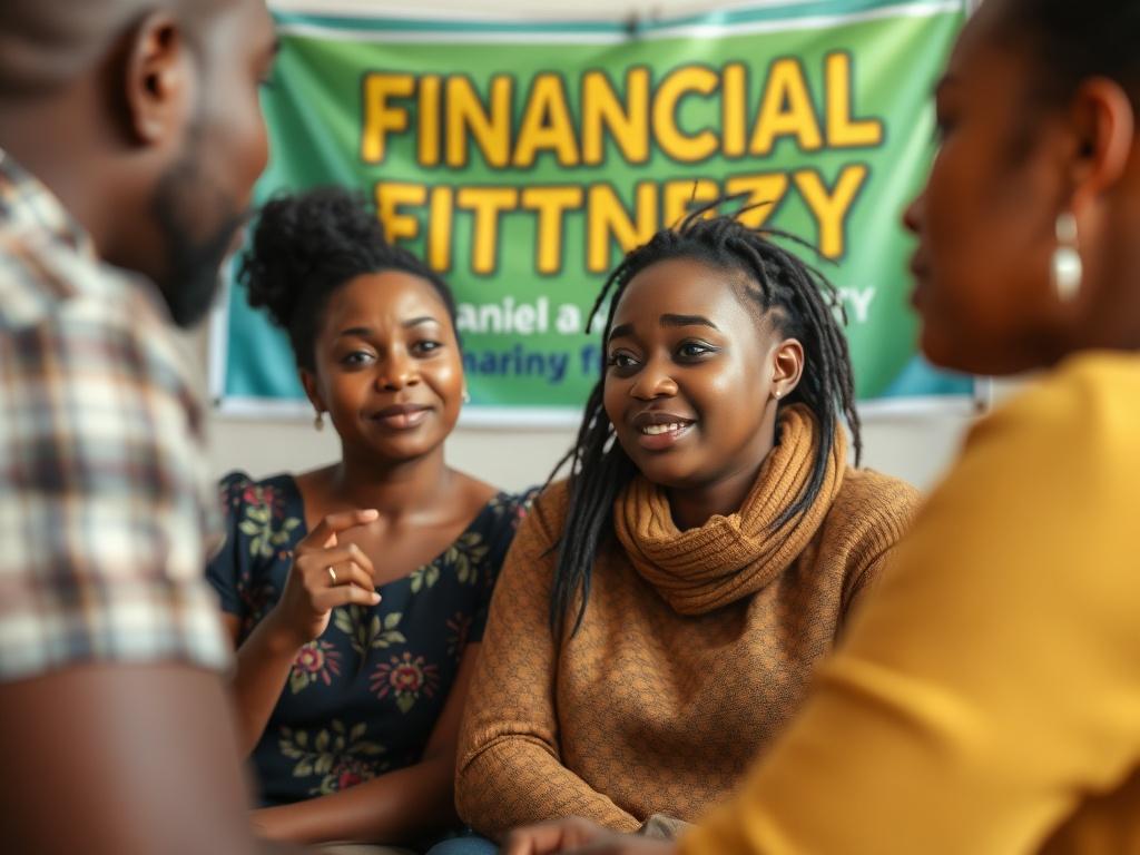 A close-up shot of a community meeting in progress, with participants actively engaged in a discussion about financial empowerment. The background should include a colorful banner representing financial literacy, with a sense of community and collaboration evident in the participants' expressions.