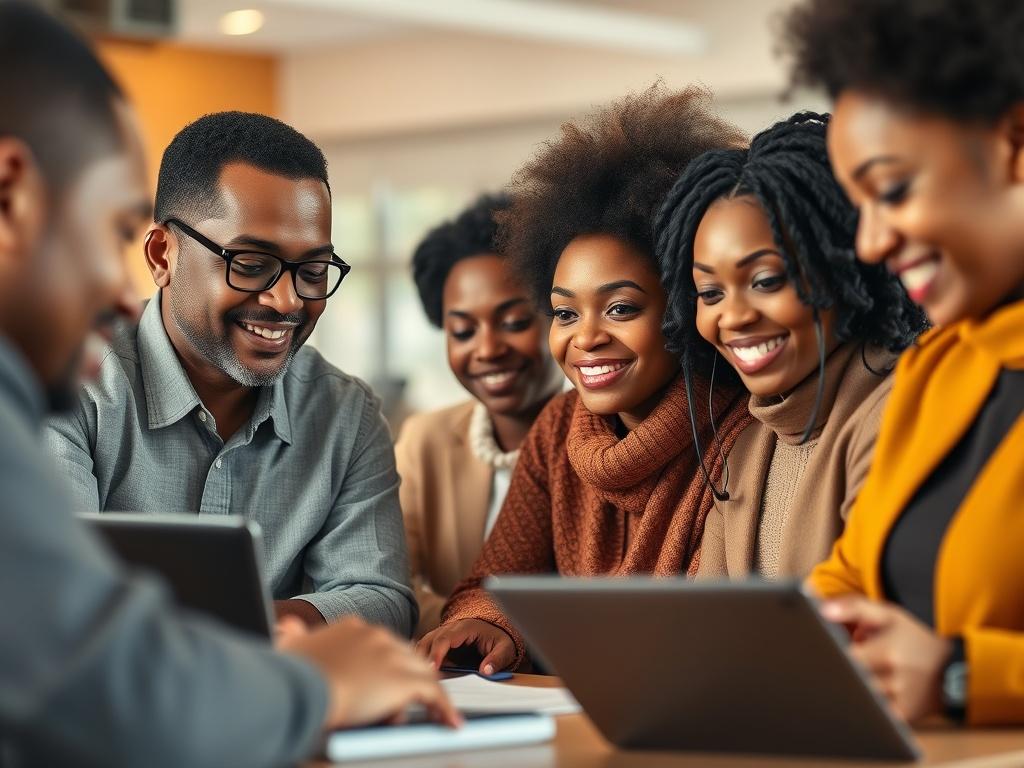 A close-up shot of a diverse group of people engaged in a financial workshop. The setting is bright and inviting, showcasing tools like laptops, financial charts, and educational materials. The focus is on the participants' expressions of engagement and empowerment, capturing the essence of learning and community support. The background should be softly blurred to keep the attention on the group, with warm, inviting colors that reflect a positive atmosphere.
