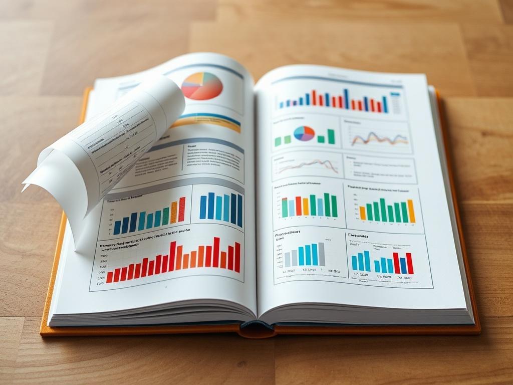 A realistic high-resolution photo of an open workbook with colorful pages displaying financial charts and notes. The background should be a simple wooden table to emphasize the workbook's content. The image should focus on the workbook, showcasing its engaging design and educational material.