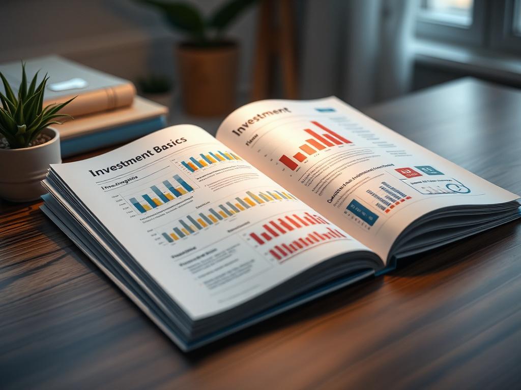 A realistic high-resolution image of an open guide on investment basics, featuring colorful graphs and easy-to-understand charts. The setting should be a calming home office environment, with a soft focus on the guide, highlighting its importance in financial education.