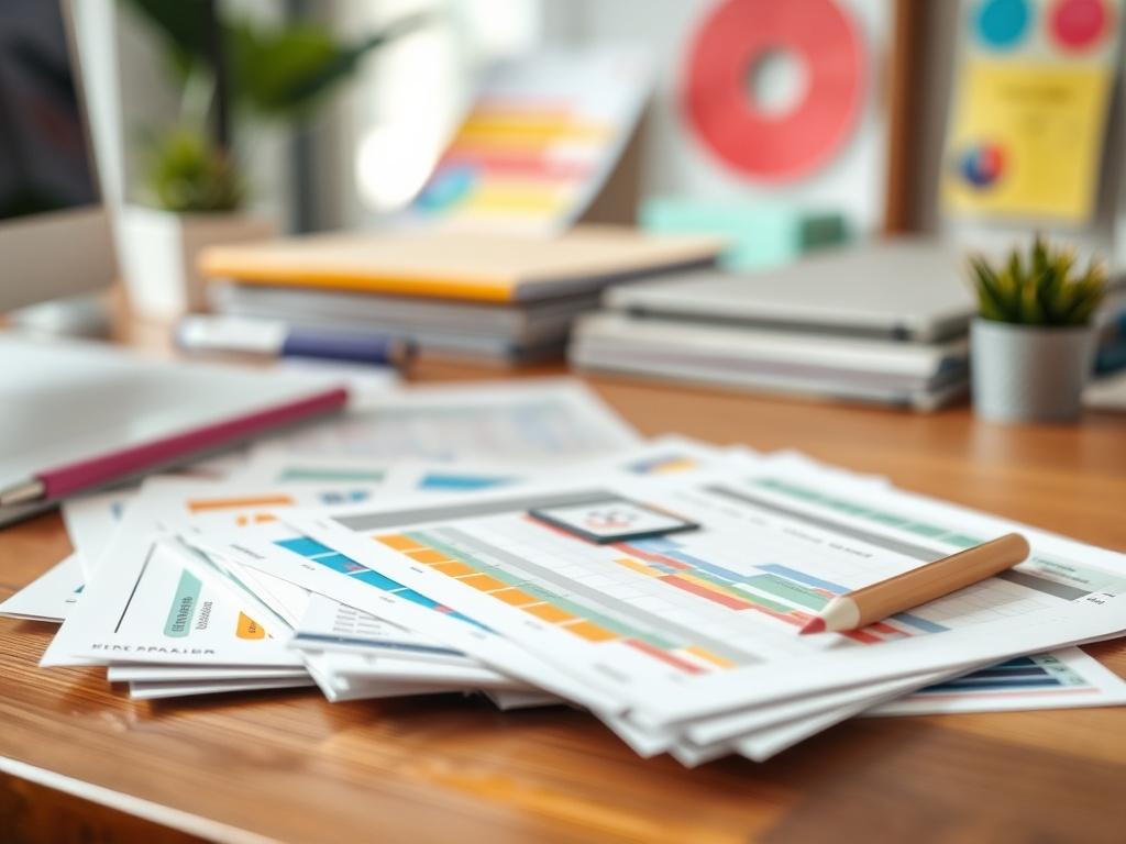 A high-resolution close-up shot of a neatly arranged budgeting tools kit on a desk. The kit includes colorful printed templates and planning sheets. The background should be softly blurred to enhance focus on the budgeting tools, creating an organized and inviting atmosphere.