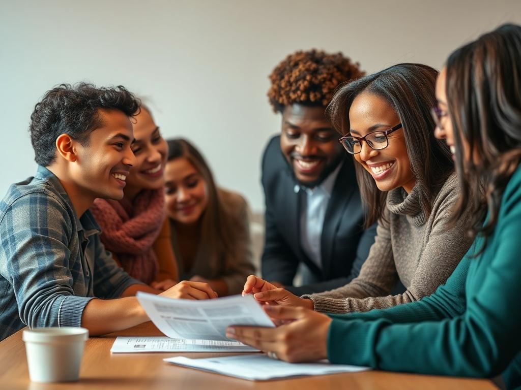 A close-up shot of a diverse group of individuals gathered around a table, engaged in a discussion about financial planning. The scene should be well-lit, showcasing the expressions of enthusiasm and collaboration. The background should be simple and uncluttered, focusing on the participants who are actively sharing ideas and reviewing financial documents. The image should evoke a sense of empowerment and community, captured with a 45mm f/1.2 lens to create a soft bokeh effect.