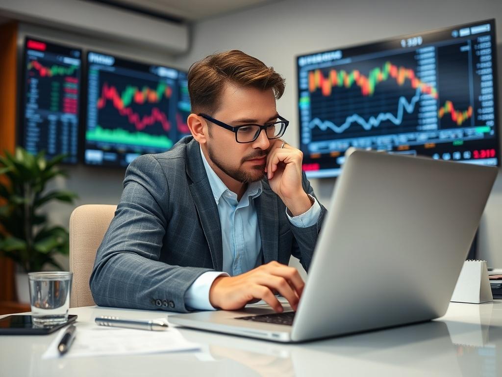 A close-up shot of a financial advisor analyzing charts and graphs on a laptop, with stock market data displayed on a screen in the background. The advisor is focused and engaged, surrounded by a clean, professional office environment.