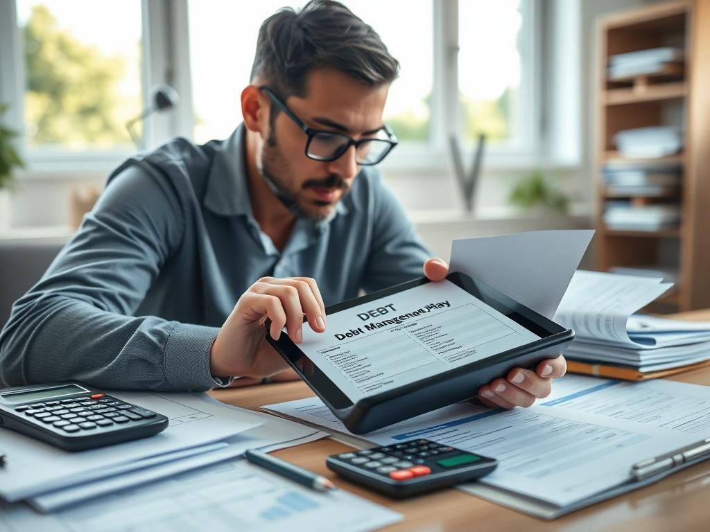 A focused individual studying a debt management plan on a tablet, surrounded by financial documents and a calculator. The setting is bright and organized, conveying a sense of determination and clarity.