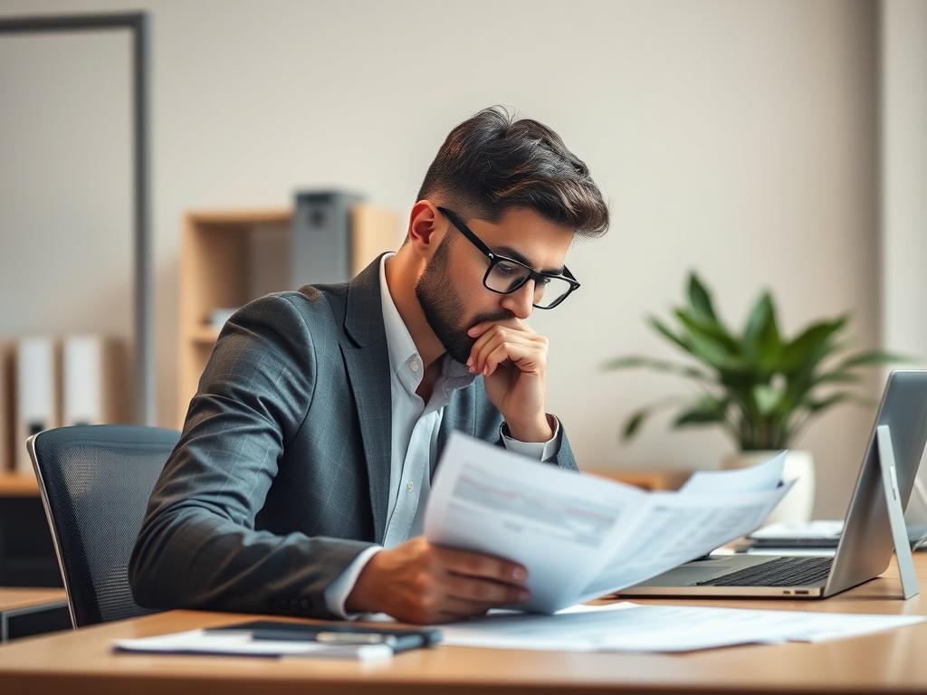 A focused individual sitting at a modern office desk, deep in thought while reviewing financial documents and a laptop. The background is soft and out of focus, featuring a well-organized workspace with a plant and soft lighting, creating a calm atmosphere.